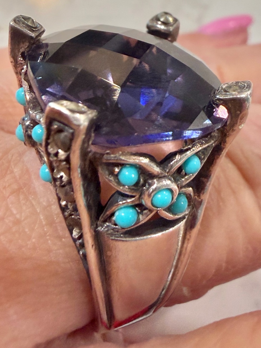 ALTANA Joyas "Anillo Granada" Statement Ring 925 Purple Quartz & Turquoise SZ 8